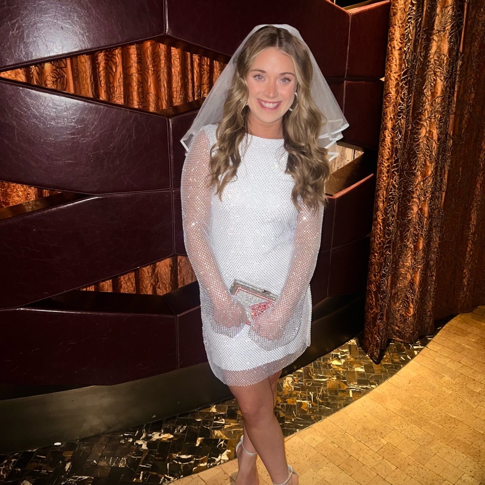 12th Tribe Anna White Rhinestone Mesh Mini Dress